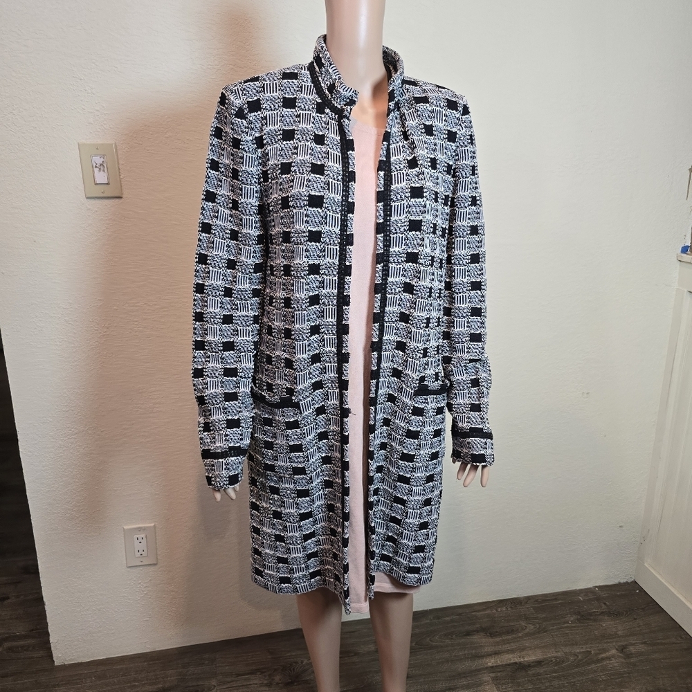 St. John Collection Tweed Black/White Long Jacket Women's 14 Checkered Coat - Picture 10 of 16